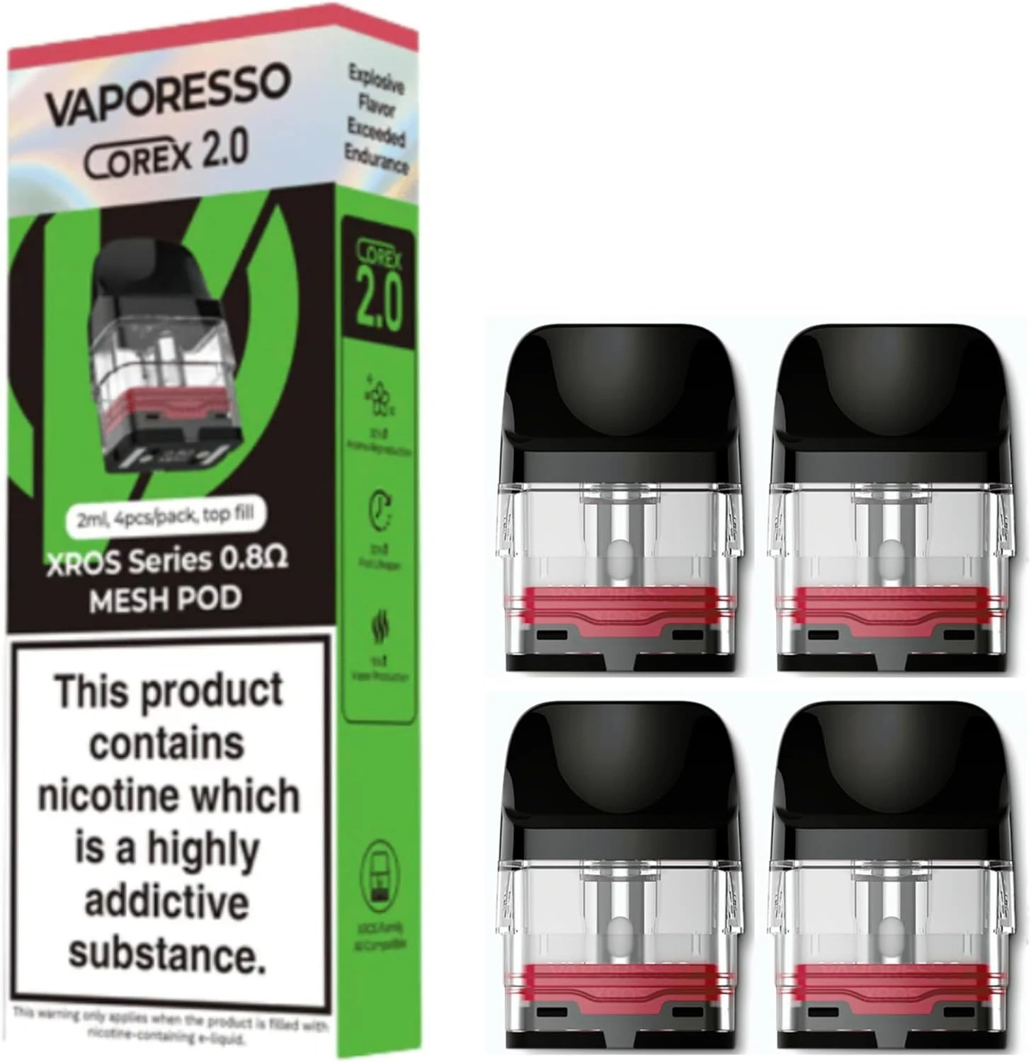 Vaporesso Xros Corex Pods Top Fill Compatible with Vaporesso Xros 4, Xros Pro, Xros Mini, Xros 3, 2ml Capacity, 0.8 ohm Mesh Coil, Pack of 4