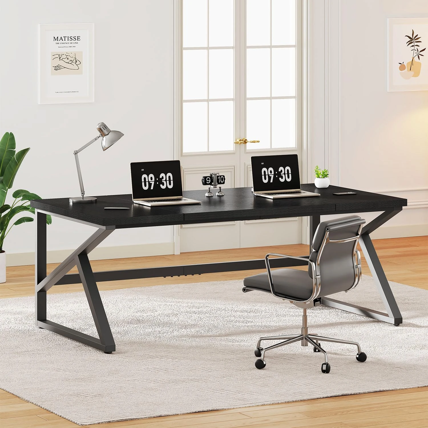 IBF 180cm Long Black Computer Desk, Large Executive Office Desk for 2 People Work Writing Study, Industrial Metal Wood Dual Monitor Desk Workstation, Modern Simple Double PC Gaming Table in Bedroom