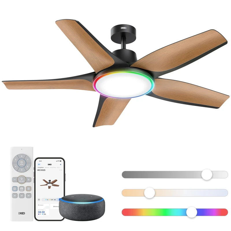 DREO Smart Ceiling Fans with Lights, Low Profile Ceiling Fan with Alexa/App, 52'' Dimmable Lighting & Color Tuning, RGB Ambient Light for Living Room, Game Room, Easy Installation, Quiet, Black - Image 1