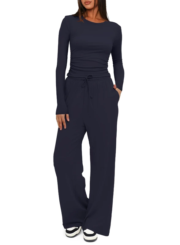 Darong Women's 2 Piece Sets Fall Outfits Long Sleeve Wide Leg Tracksuits Casual Lounge Set Matching Sets, Dark Blue(31" Inseam), Large
