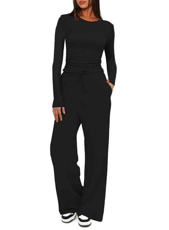 Darong Women's 2 Piece Sets Fall Outfits Long Sleeve Wide Leg Tracksuits Casual Lounge Set Matching Sets, Black(29" Inseam), Small