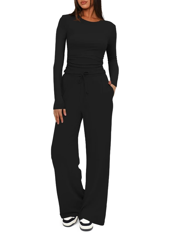 Darong Women's 2 Piece Sets Fall Outfits Long Sleeve Wide Leg Tracksuits Casual Lounge Set Matching Sets, Black(29" Inseam), Large