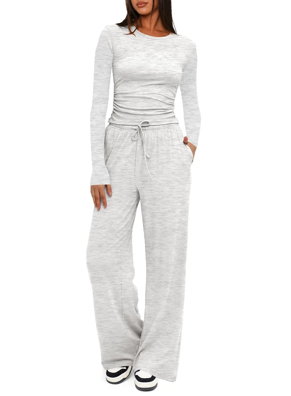 Darong Women's 2 Piece Sets Fall Outfits Long Sleeve Wide Leg Tracksuits Casual Lounge Set Matching Sets, White Grey(29" Inseam), M