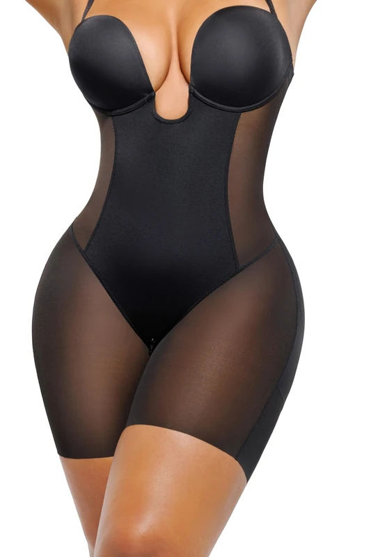 SHAPELLX Strapless Shapewear for Women Deep Plunge Corset Tummy Control Backless Bodysuit Mid Thigh Full Body Shaper, 01-black-standard Cup (B-d), Medium