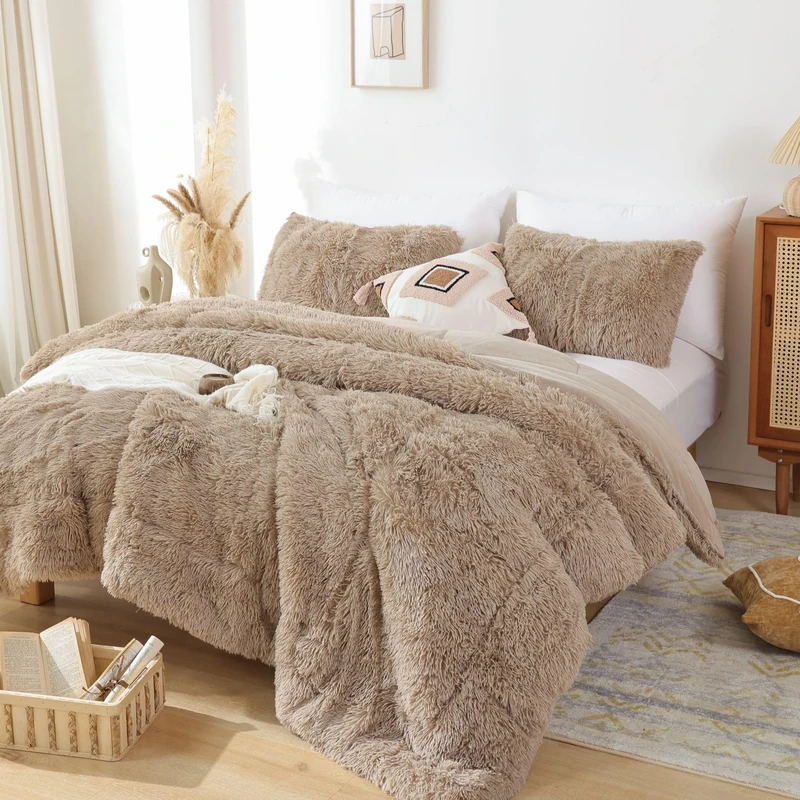 Smoofy Fluffy Twin Comforter Set, Khaki Faux Fur Comforter Set 2 Pieces