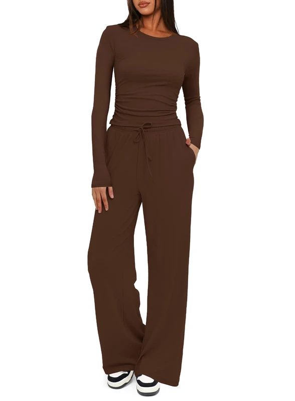 Darong Women's 2 Piece Sets Fall Outfits Long Sleeve Wide Leg Tracksuits Casual Lounge Set Matching Sets, Coffee(29" Inseam), X-Large - Image 1
