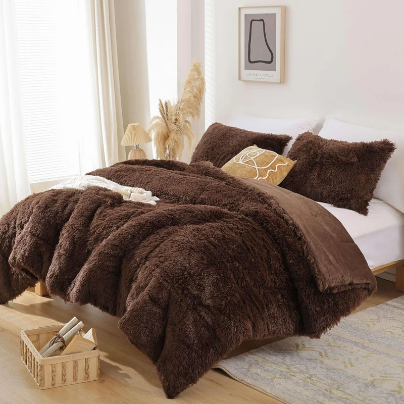 Smoofy Fluffy Full Size Comforter Set, Coffee Brown Faux Fur Comforter 3Pcs