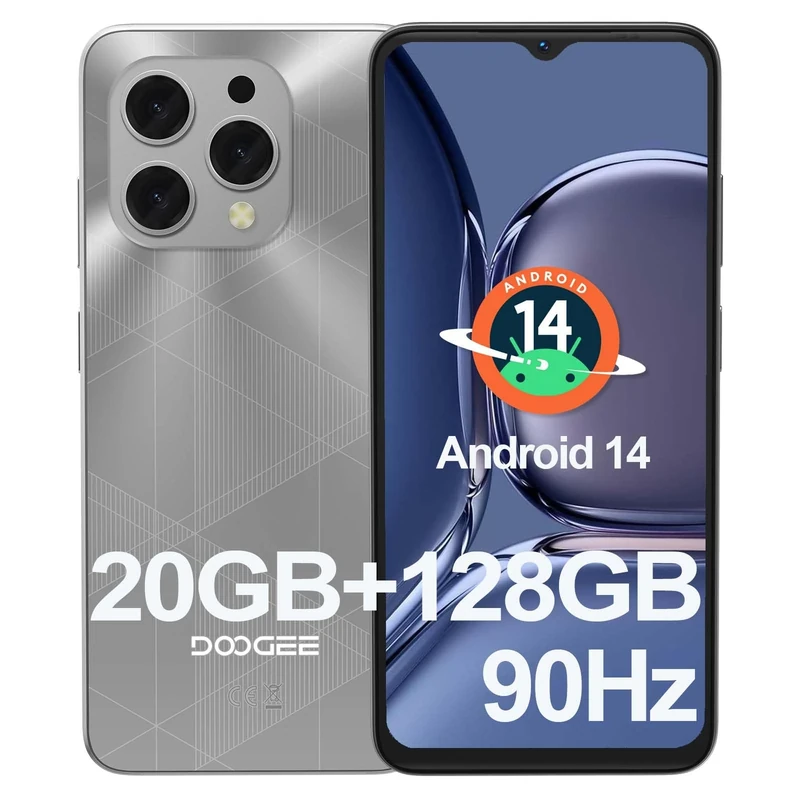 DOOGEE N55 Plus Phone, Android 14 Mobile Phone(2024), 20GB RAM+128GB ROM(TF 1TB), 90Hz 6.56" HD+ Waterdrop Screen Phones, 5150mAh, Octa Core, 13MP+8MP, 4G Dual SIM Phones Free Unlocked, OTG, Silver
