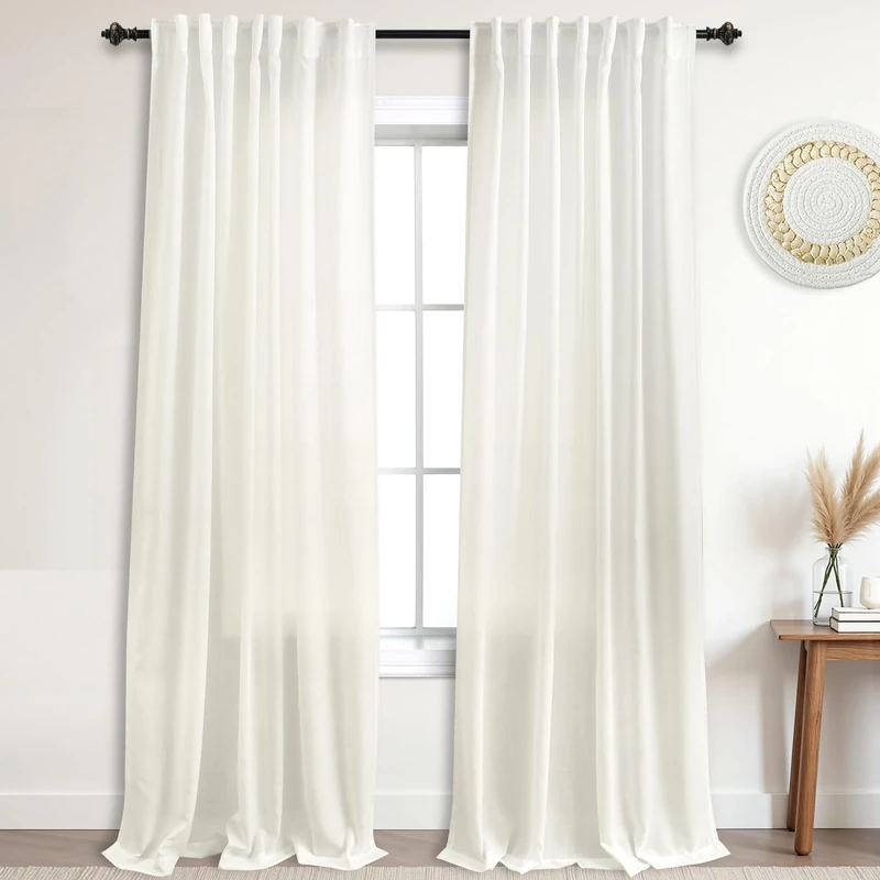 KOUFALL Extra Long Curtains for Living Room Rural Style Linen Sheer Curtains Set for Large Windows 2 Panels, Width 52" by 108" Length, Ivory Off White