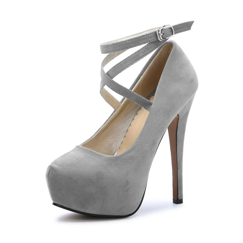 Womens Stiletto High Platform Heels Round Toe Ankle Strap Platform Pump Party Dress Heel (Beige Sole) Grey Tag Size 35 - UK 3