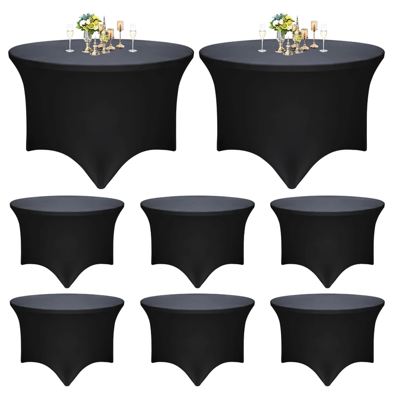 Yoquare 8-Pack Black Spandex Tablecloth for 6-Foot Round Tables (72" Diameter x 30" H) – Stretch Fit with Reinforced Foot Pockets – Ideal for Weddings, Birthdays, Parties, Banquets, Vendor Stands