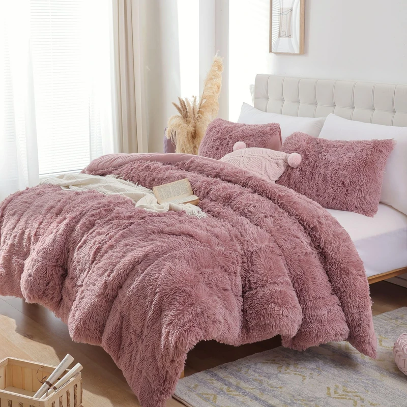 Smoofy Fluffy Twin Comforter Set, Old Pink Faux Fur Comforter Set 2 Pieces