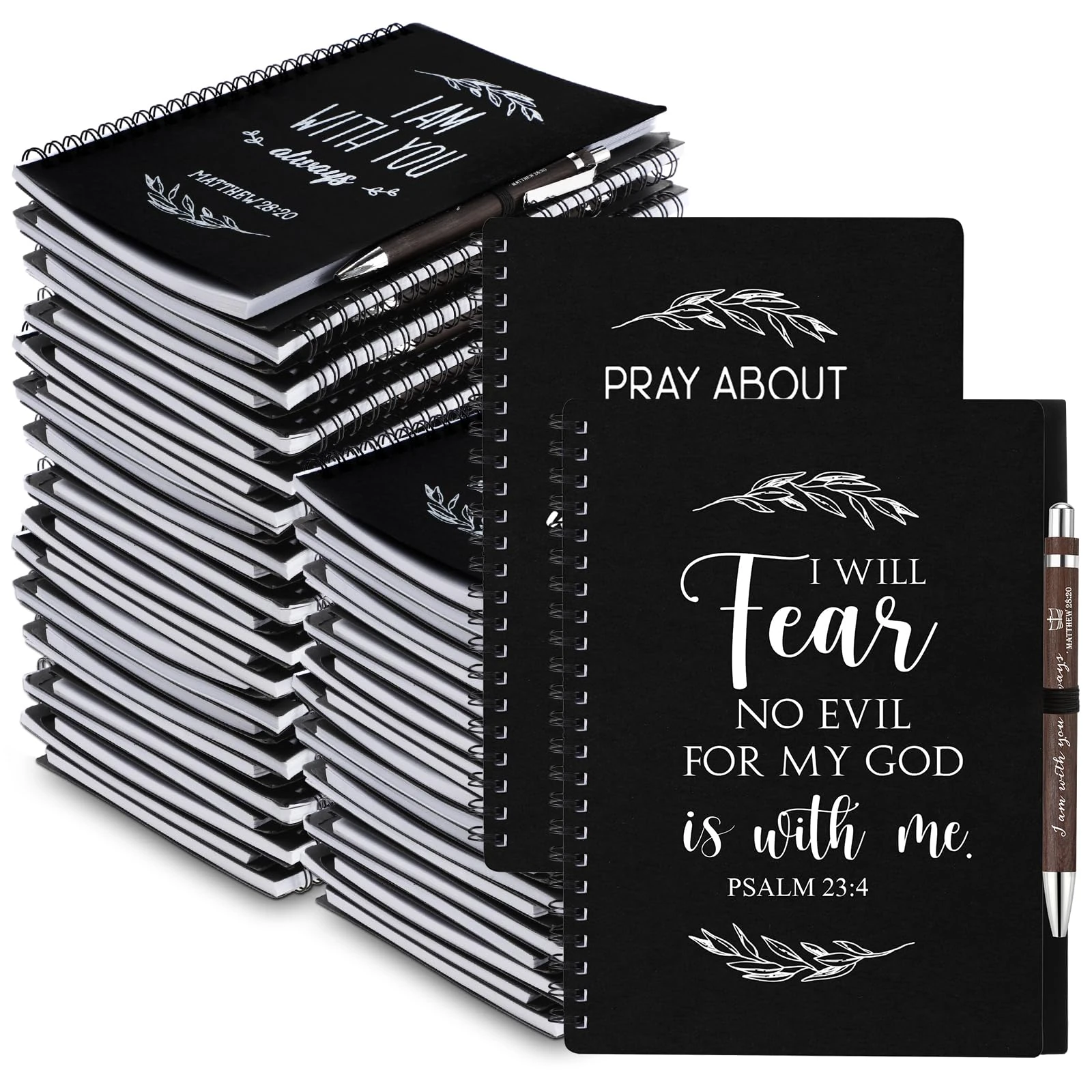 Kosiz 100 Pcs/ 50 Set Christian Gift Bulk A5 Spiral Notebook 5.5"x8.3" Christian Prayer Journal Bible Ballpoint Pen Religious Christmas Church Gifts Fo Women Men Pastor's Wife Sunday School (Black)