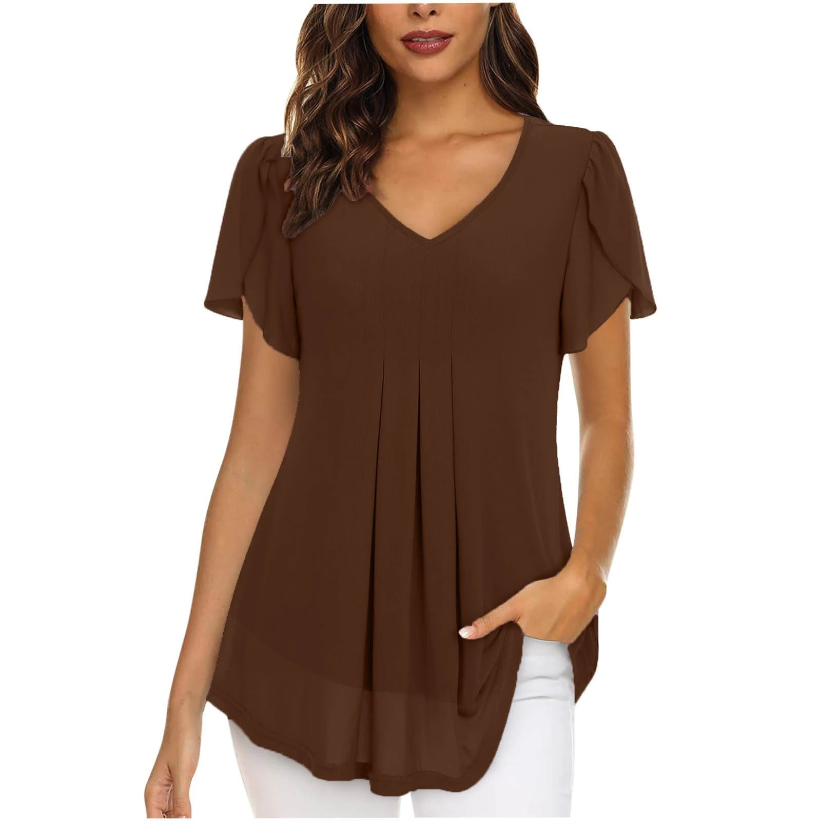 AMhomely Chiffon Tops for Women UK Elegant Blouses Womens Tops Short Sleeve Shirts Casual V Neck Blouse Double Layers Mesh Tunics