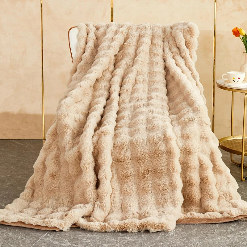 SHANNA Soft Warm Rabbit Plush Fleece Blankets Thick 1000 GSM Throws for Sofa Large Fluffy Versatile Blanket Bed Throw for Bedroom, Couch, Travel, Kids, Camping (Khaki, 180 * 230cm)