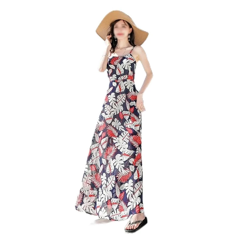 Summer Women's Long Skirt Halter Sling Printed Chiffon Dress Thin Seaside Beach Dress (Color : A, Size : S Code) (A L) - Image 1