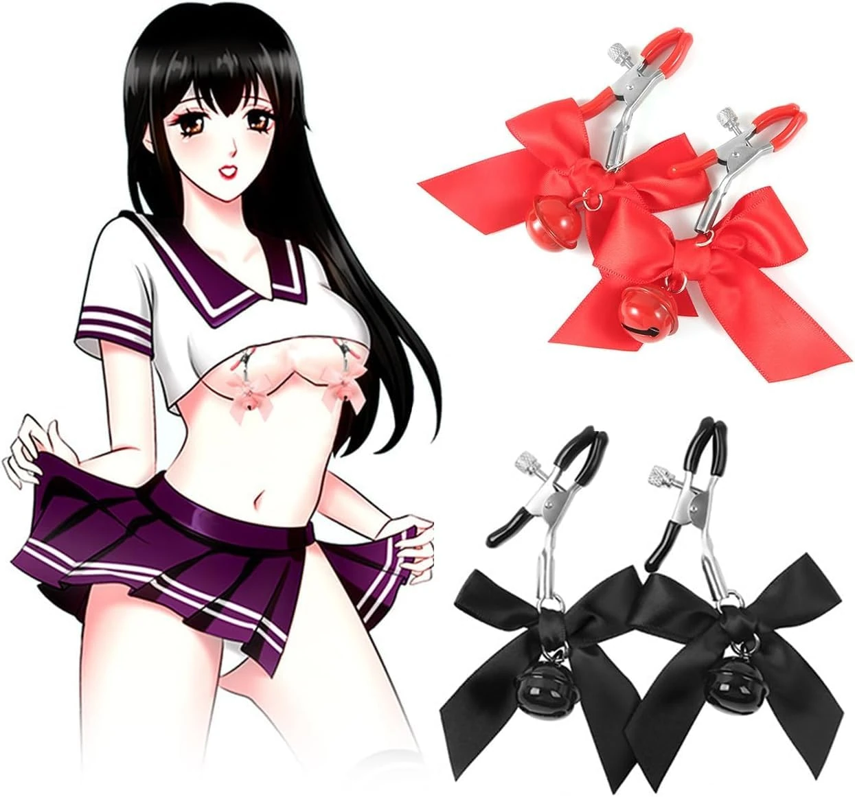 Nipple Clips, 2 Pairs Body Chains Clips,Fake Nipple Rings,Stainless Steel Body Bells Non-Piercing Jewelry Clip, for Women Non Piercing Nipple Ring (Black+Red)