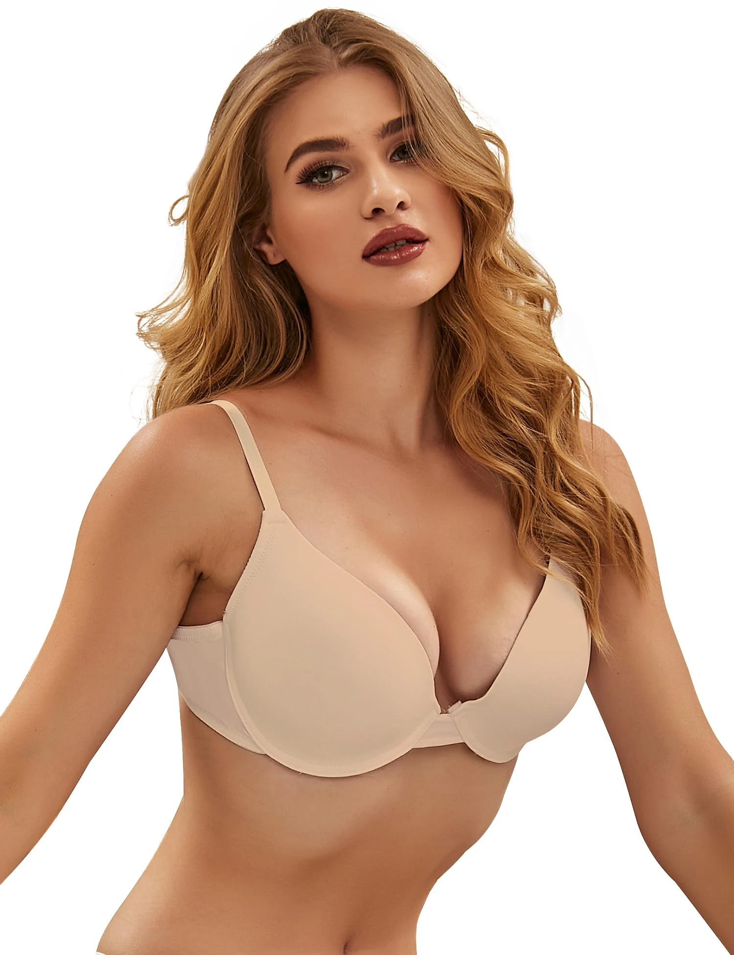 ohmydear Women's Nude Bras Underwire Comfort Push Up Plus Size Ladies Bralette Smooth Tshirt Sexy Deep V Plunge Soft Minimiser Bras Large Breasts, 38E Beige