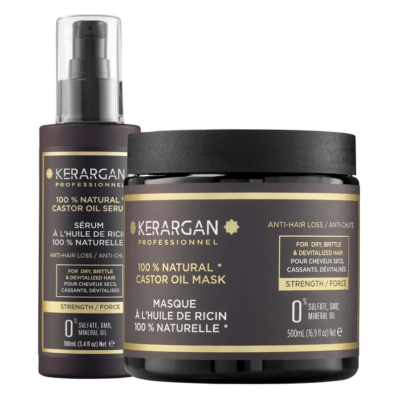 Kerargan - Anti-Hair Loss Mask and Serum Duo with Castor Oil for Dry, Brittle, Lifeless Hair - Strengthens and Promotes Growth - Sulfate-Free, Mineral Oil-Free, GMO-Free - 500ml + 100ml