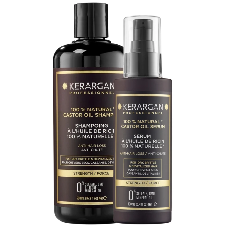 Kerargan - Anti-Hair Loss Shampoo and Serum Duo with Castor Oil for Dry, Brittle, and Lifeless Hair - Strengthens and Promotes Growth - Sulfate-Free, Paraben-Free, Silicone-Free - 500ml + 100ml