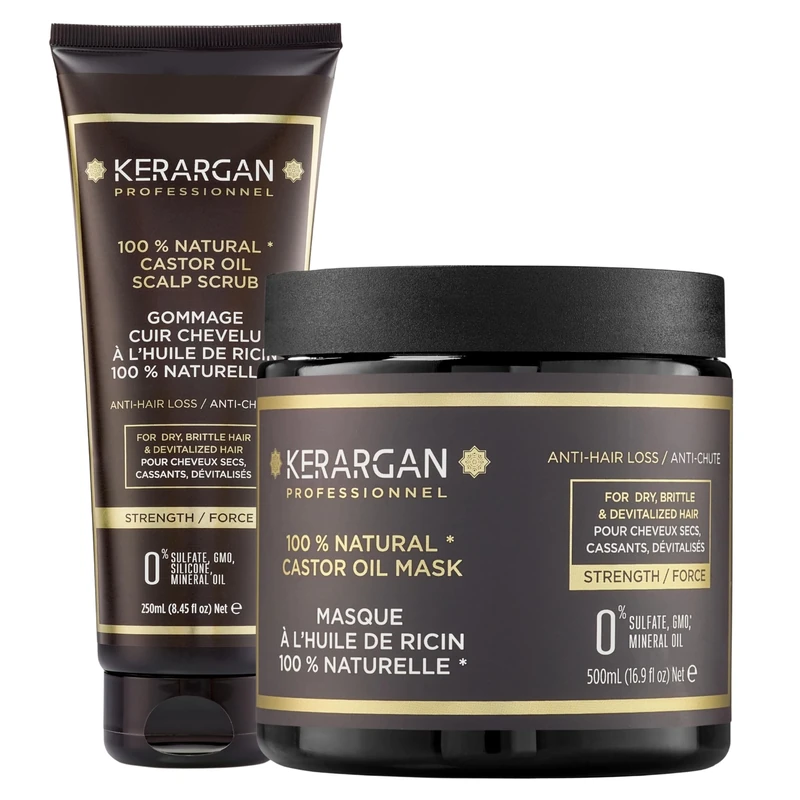 Kerargan - Anti-Hair Loss Mask and Scalp Scrub Duo with Castor Oil for Dry, Brittle, Lifeless Hair - Strengthens and Promotes Growth - Sulfate-Free, GMO-Free, Silicone-Free - 500ml + 250ml
