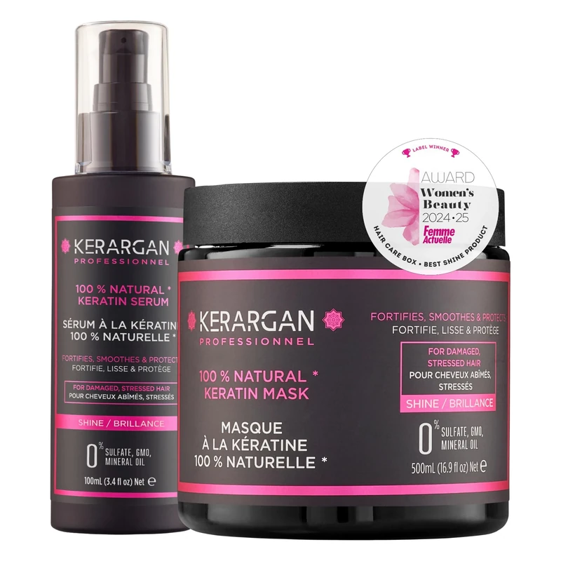 Kerargan - Duo Mask and Serum with Keratin for Damaged and Stressed Hair - Strengthens, Nourishes and Protects - No Sulphates, GMO, Mineral Oils - 500 ml + 100 ml
