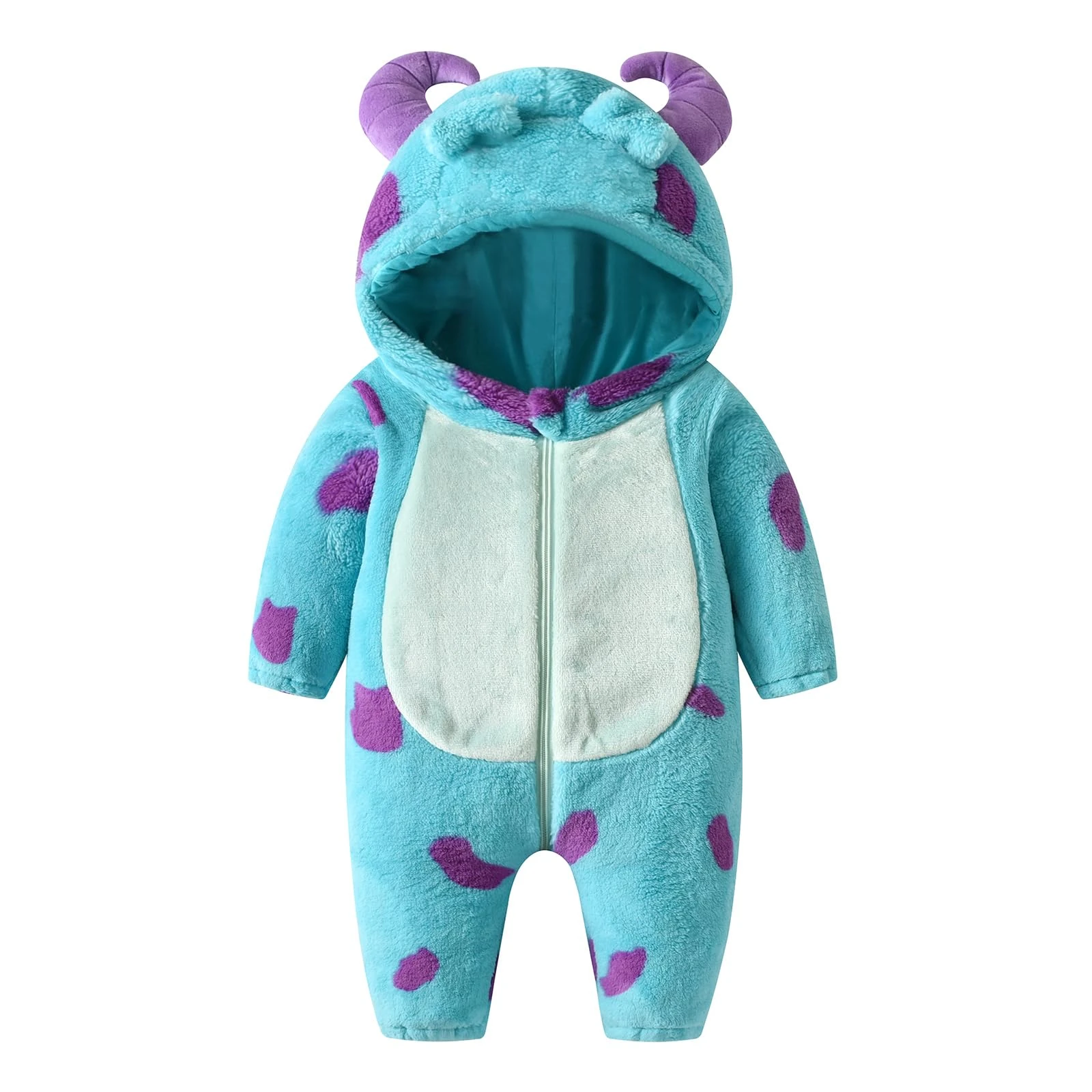 Nicoxijia Toddler Baby Halloween Costume Fuzzy Warm Hooded Romper Funny Cosplay Zip-Up Jumpsuit Fall Winter Animal Outfit (Blue, 6-12 Months)
