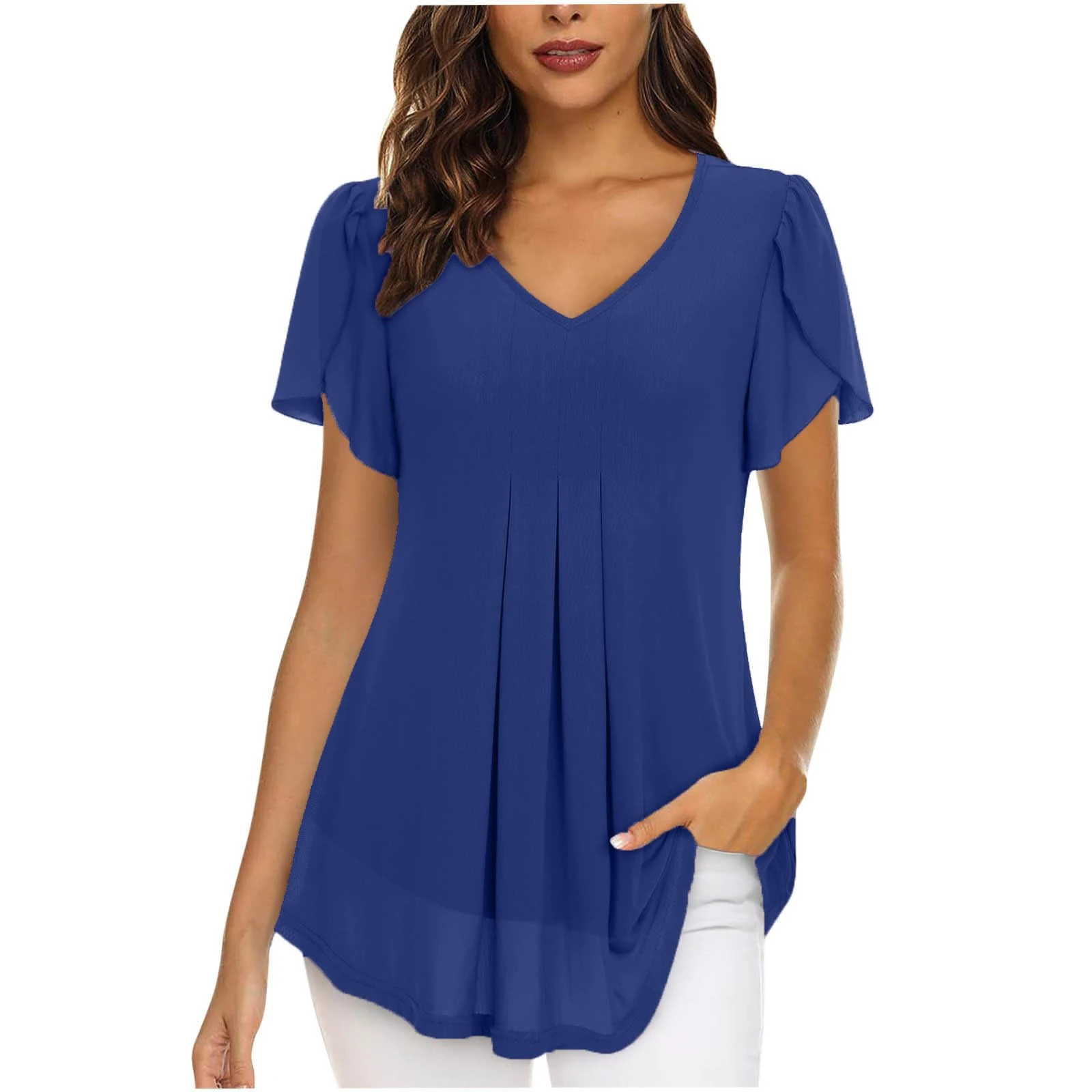 AMhomely Chiffon Tops for Women UK Elegant Blouses Womens Tops Short Sleeve Shirts Casual V Neck Blouse Double Layers Mesh Tunics