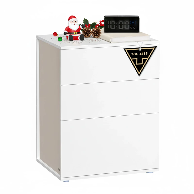 VASAGLE Bedside Table with 3 Drawers, Superfast Toolless Assembly, Bed Side Cabinet Nightstand, White Chest Of Drawers for Bedroom/Living Room, LET778W01