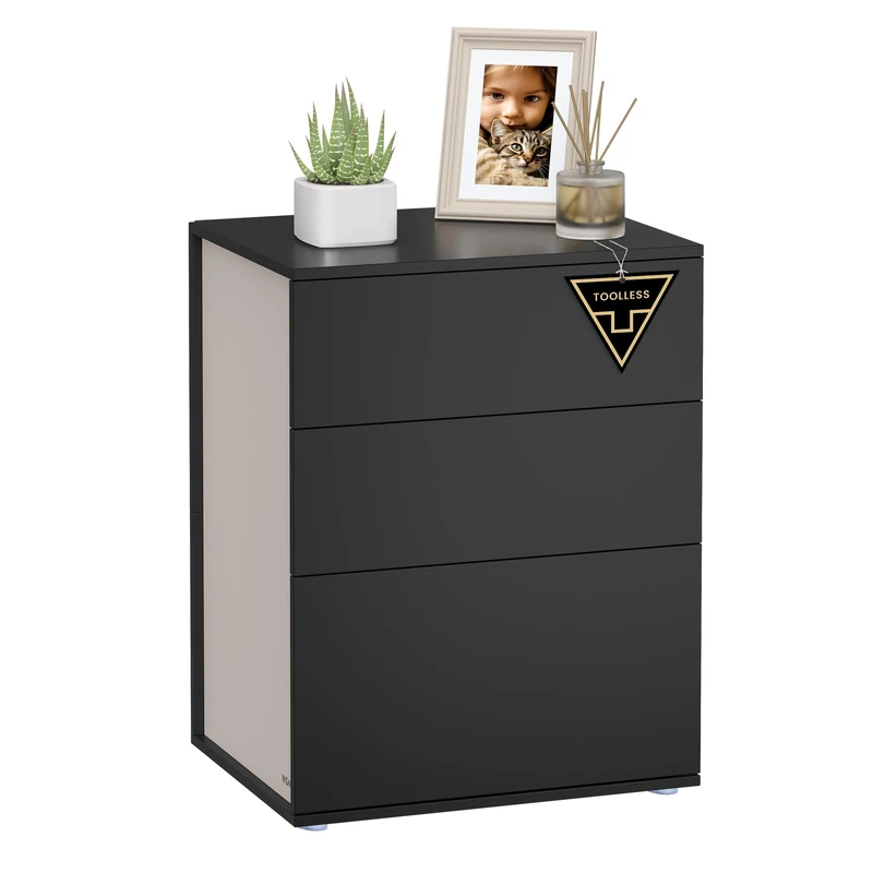 VASAGLE Bedside Table, Superfast Toolless Assembly, Nightstand with 3 Drawers, Bed Side Table for Bedroom, Modern Side Table, 35 x 45 x 58.7 cm, Ink Black, LET778B01