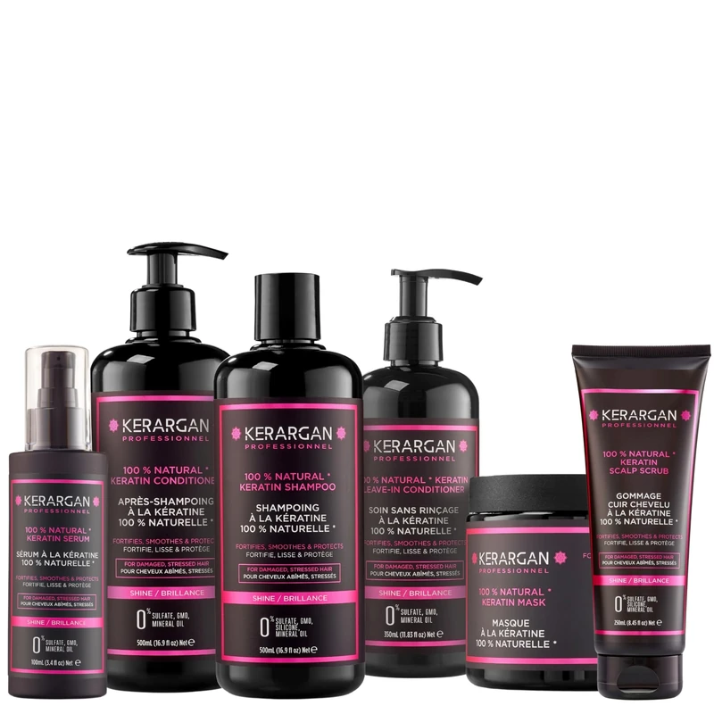 Kerargan - Complete Ultra Repairing Kit with Keratin for Damaged and Stressed Hair - Strengthens, Smooths, Protects - Sulfate-Free, Paraben-Free, Silicone-Free - 3x500ml + 100ml + 350ml + 250ml