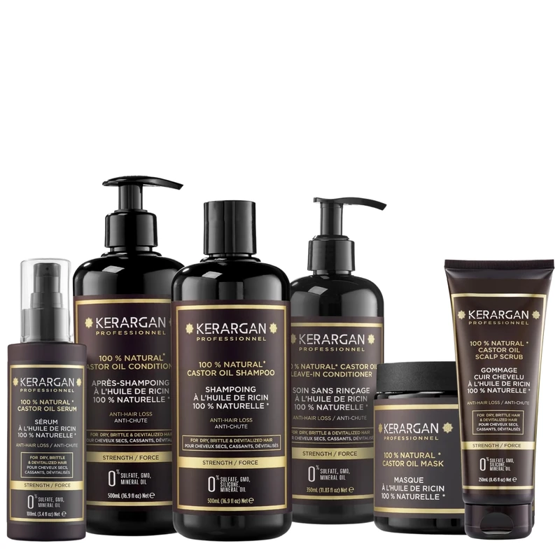 Kerargan - Complete Anti-Hair Loss Kit with Castor Oil for Dry, Brittle, Lifeless Hair - Promotes Growth - Sulfate-Free, Paraben-Free, Silicone-Free - 3x500ml + 100ml + 350ml + 250ml