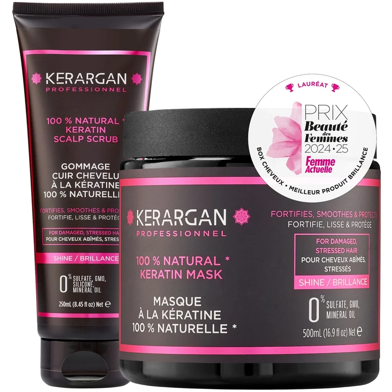 Kerargan - Mask and Scalp Scrub Duo with Keratin for Damaged and Stressed Hair - Nourishes, Exfoliates, and Protects - Sulfate-Free, GMO-Free, Mineral Oil-Free - 500ml + 250ml