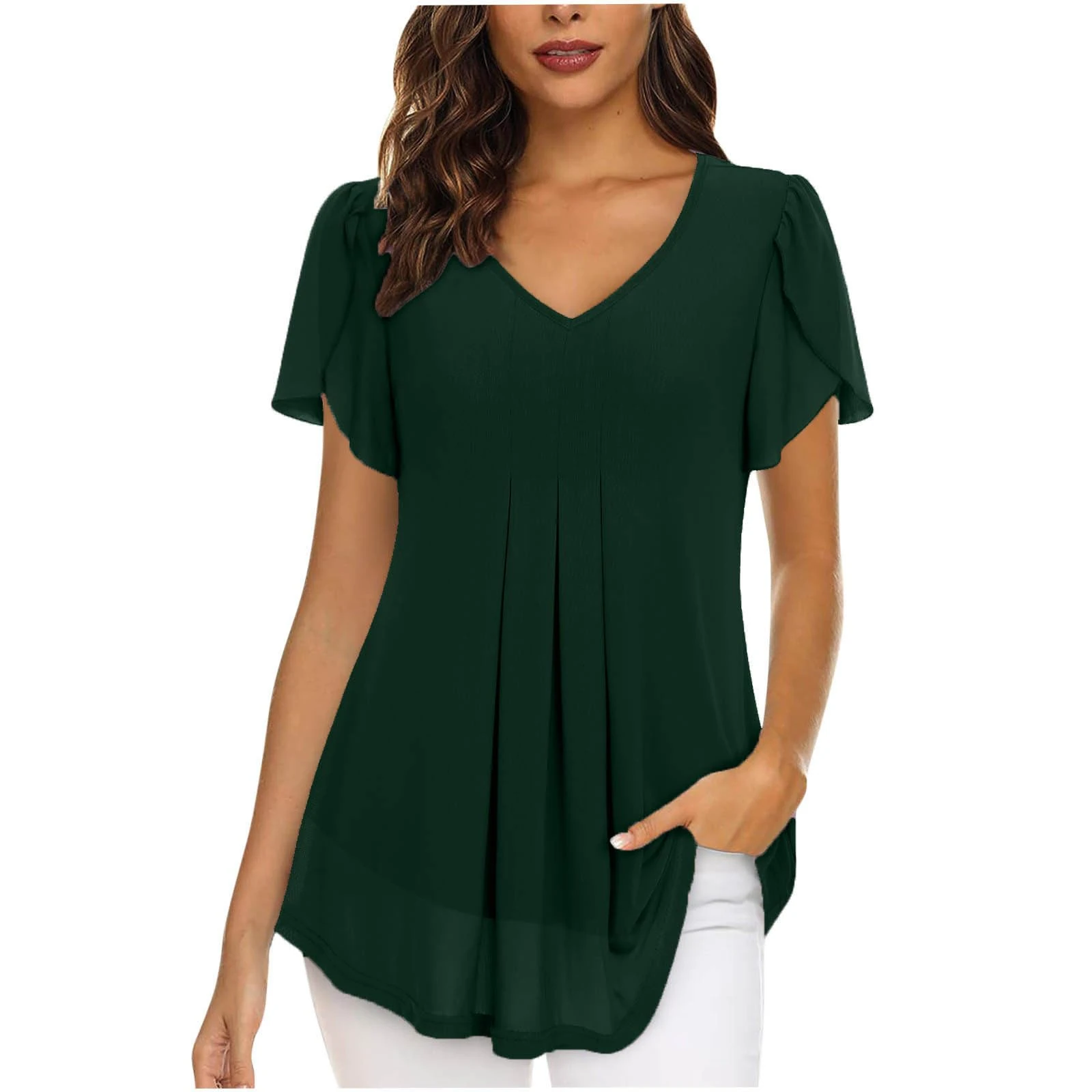 AMhomely Chiffon Tops for Women UK Elegant Blouses Womens Tops Short Sleeve Shirts Casual V Neck Blouse Double Layers Mesh Tunics