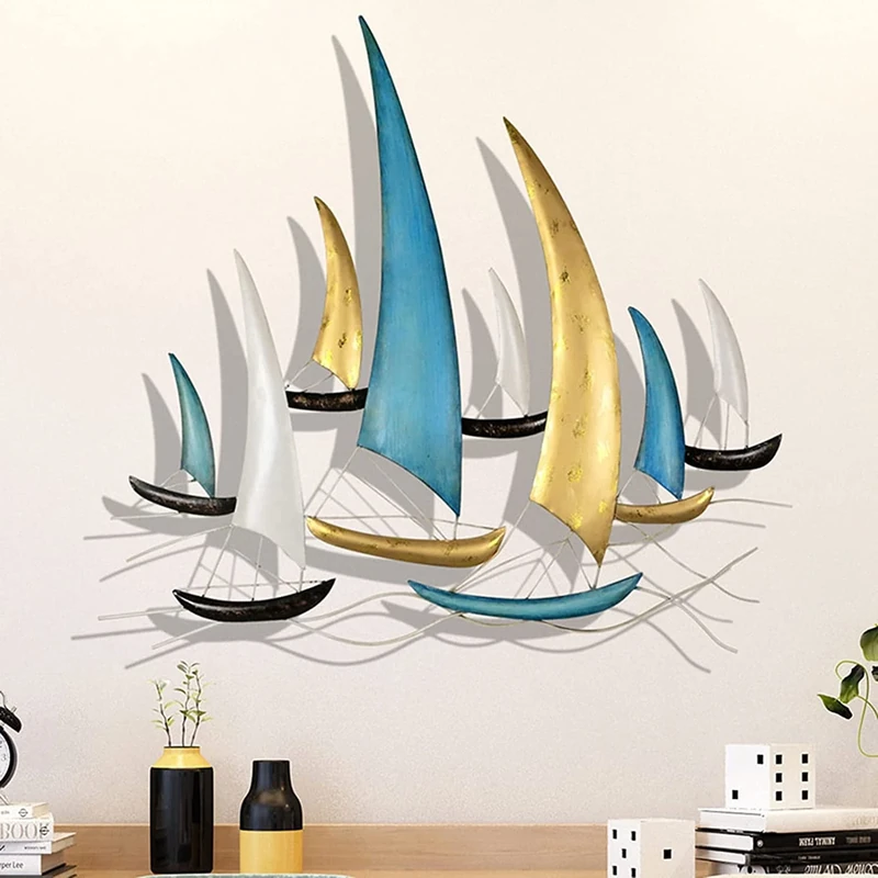 edaknez 3D Metal Ship Wall Décor, Metal Sailboat Wall Sculpture, Coastal Nautical Ocean Wall Art, Handmade Boat Hanging Ornament, for Living Room Bedroom Indoor Outdoor (Modern Color)
