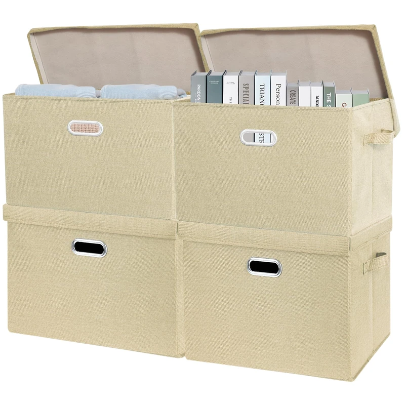 SNWDN 4 Pack Large collapsible Fabric Storage Bins with Lids Fabric storage box with lids for Household and office use (Beige 17.3x11.4x11.8 inches)