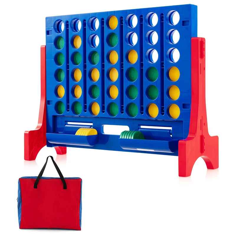 GYMAX Giant Four in a Row, Wall Mounted 4 to Score Jumbo Game with Carrying Bag & 42 Chesses, Indoor Outdoor Connect 4 Family Games for Kids Adults (Blue)