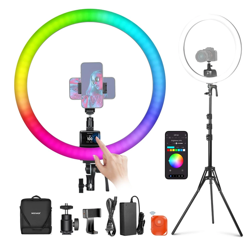 NEEWER SRP18C RGB LED Ring Light Set Ultra Slim App Control with Reversible Light Stand, Phone Holder, Ball Head, 2500K-10000K, CRI 95+/TLCI 97, 3700Lux/0.5m 18 Scenes for TikTok/Make Up/Gaming