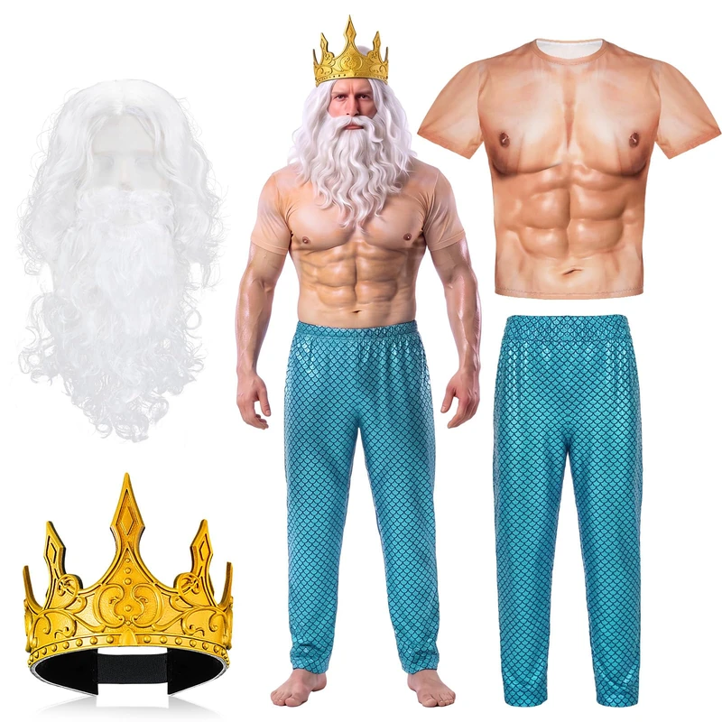 Cutecrop 4 Pcs Halloween Poseidon Costumes Deluxe Merman Kit Neptune God of Sea Cosplay for Men(Blue,Large)