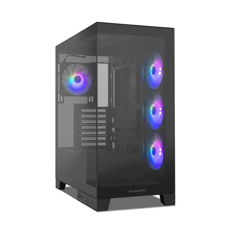 NOX XTREME PRODUCTS Hummer Glock Black Semitower ATX M-ATX ITX, Frameless Tempered Panoramic Glass, Space for 10 Fans, 4 x 120 mm Fans Pre-installed, USB-C and USB 3.0, Black