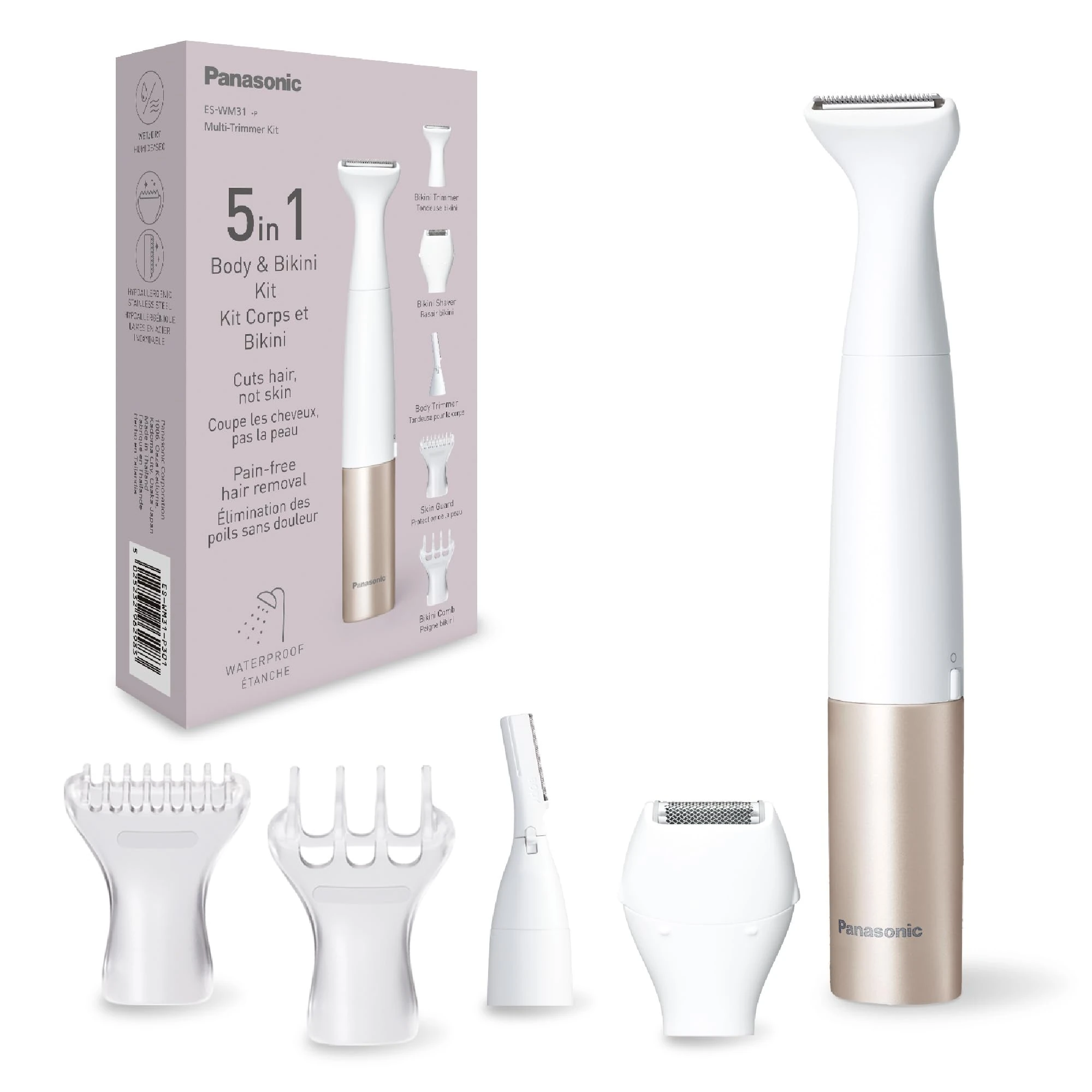 Panasonic ES-WM31 5 in 1 Body & Bikini Kit, Women's Hair Remover, Ladies Shavers, Bikini Trimmer, 5 Attachments, IPX7 Waterproof, Wet & Dry, Battery Powered (1 x AA Required), White Gold