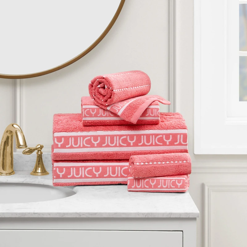Juicy Couture Luxurious Plush Stripe 6-Piece Set - Pink Coral 100% Cotton Bath Towel Set - Soft and Stylish for Ultimate Comfort and Elegance