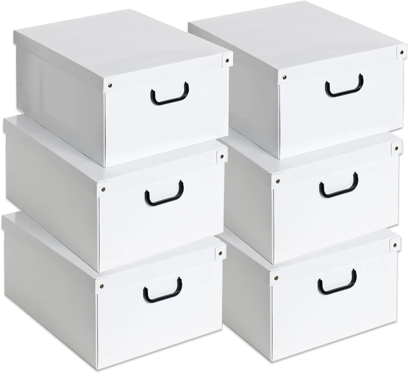 Lavatelli Set of 6 Large White Cardboard Storage Boxes with Lids & Handles – Stackable Wardrobe & Toy Organisers, 50 x 40 x 25 cm (20 x 16 x 10 in)
