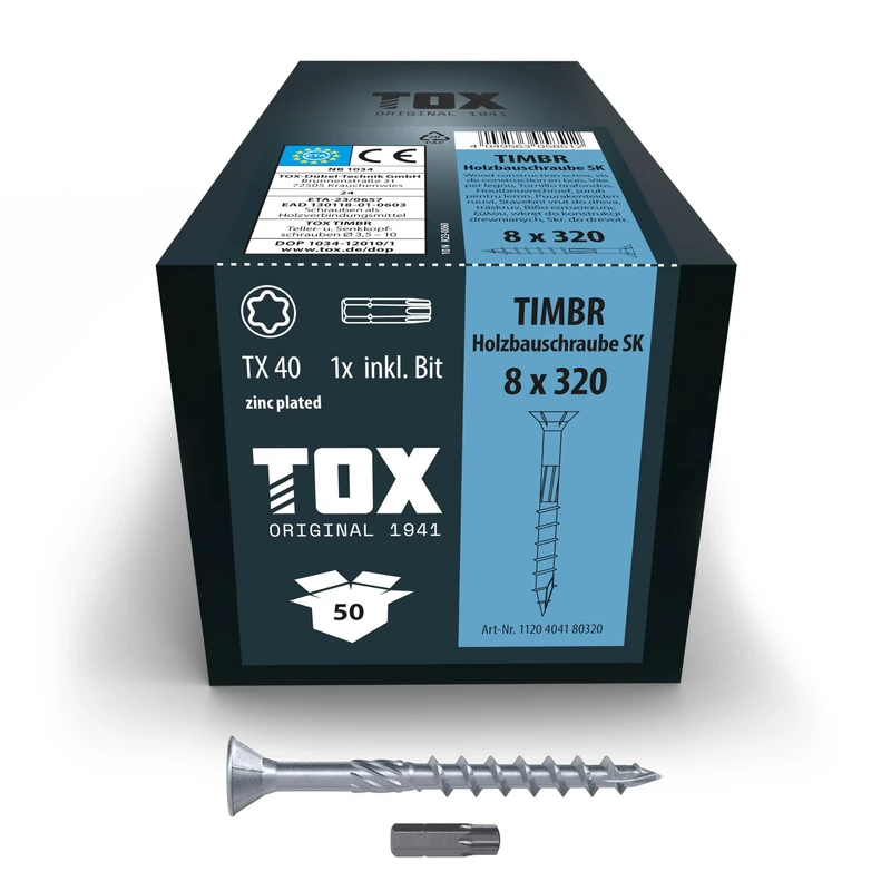 TOX Timbr SK 1120404180320 Wood Screws 8.0 x 320 mm Blue Galvanised with Countersunk Head TX40 Screws for Easy Screwing and Flush Mounting in Wood Construction Pack of 50 Includes 1x Bit
