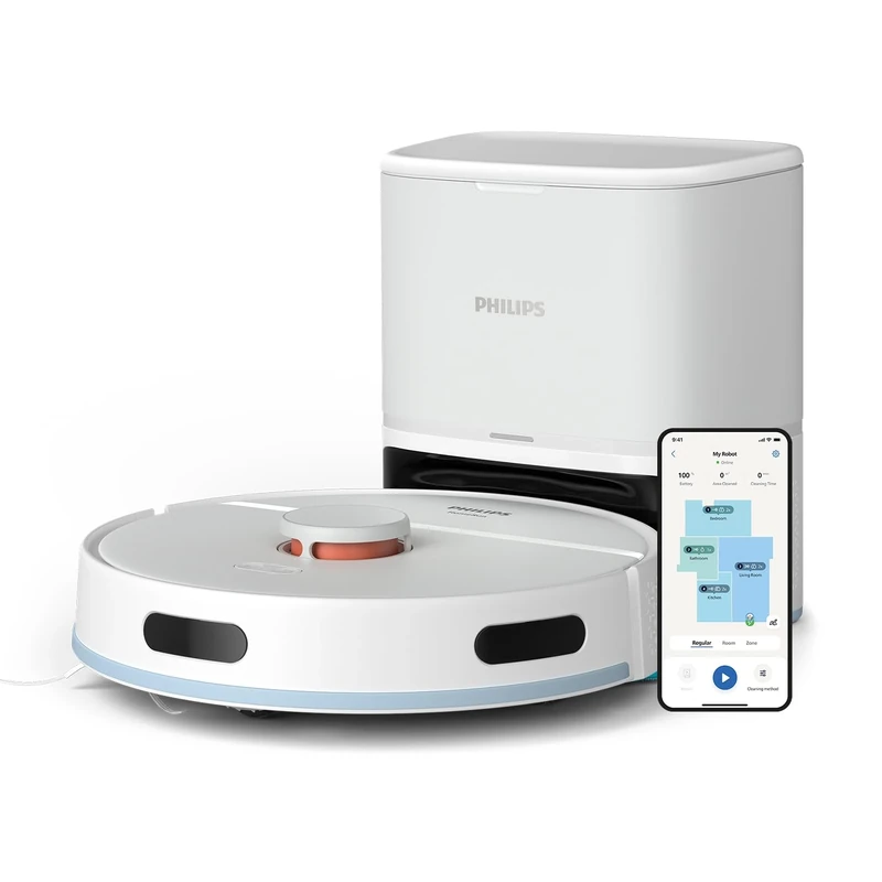 PHILIPS HomeRun 2000 series: Robot vacuum cleaner 2700 Pa suction 130' autonomy, Laser navigation, Carpet boost, Auto drain station, App control, White (XU2100/20)