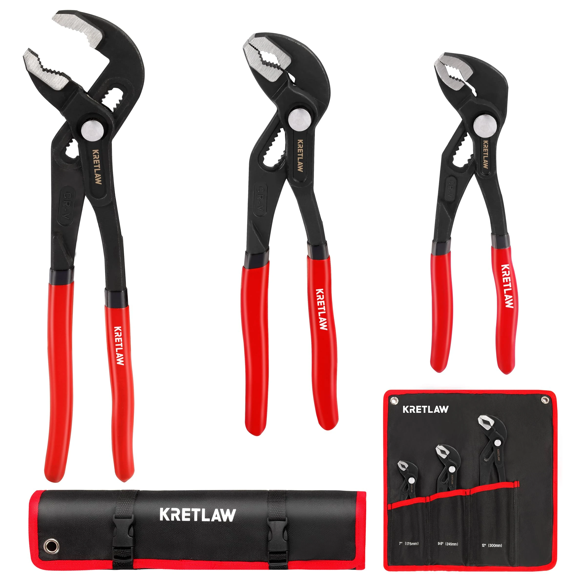 KRETLAW 3-Piece Groove Joint Pliers Set (300mm & 250mm & 180mm), Quick-Adjustable Water Pump Pliers，Cr-V V-Jaw Tongue and Groove Pliers for Home Repair & Plumbing