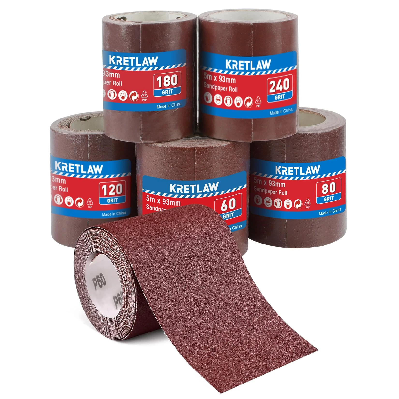 KRETLAW Sandpaper 5 Rolls Set, 5m x 93mm, 60/80/120/180/240 Grit, Aluminium Oxide Abrasive Sanding Paper for Sanding Rust Removal and Polishing