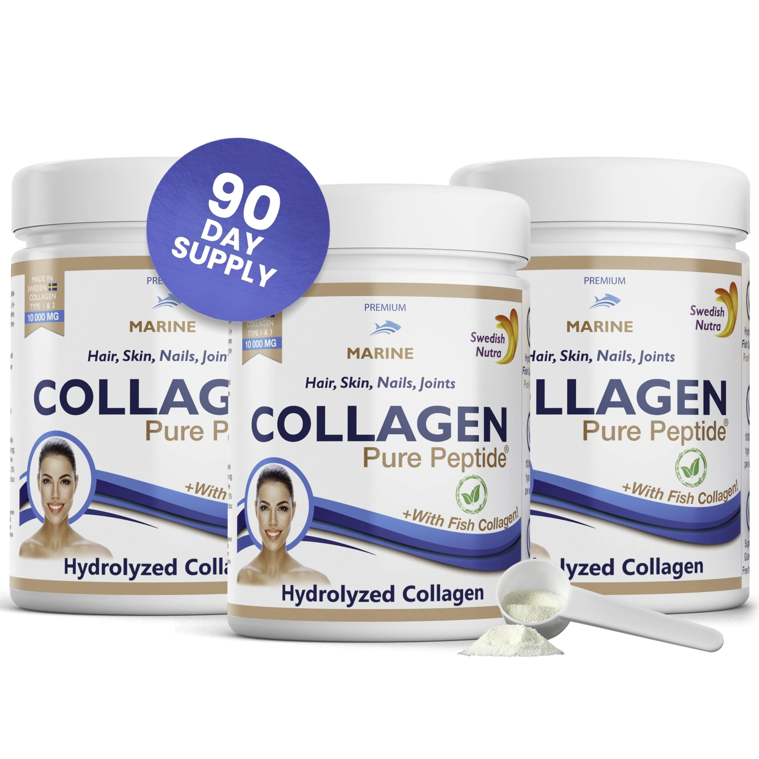Swedish Nutra - Powder Marine Collagen - 3 Pack sof 300g, 90 Day Supply | Minimize Fine Lines, Wrinkles & Improve Skin Elasticity