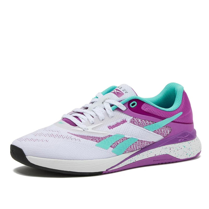 Reebok Women's Nano X5 Sneakers, Cross Training Gym Walking Shoes, Footwear White/Purple Rave/Ai Aqua, 3 UK