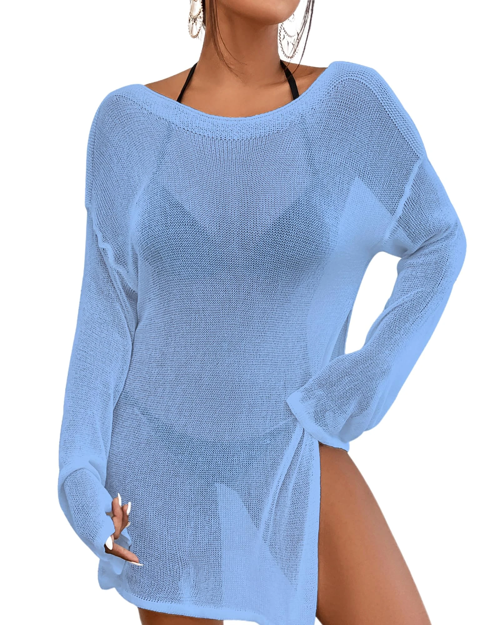 Bsubseach Crochet Cover Ups for Swimwear Women Beach Blouse Mesh Knitted Dress Sky Blue S